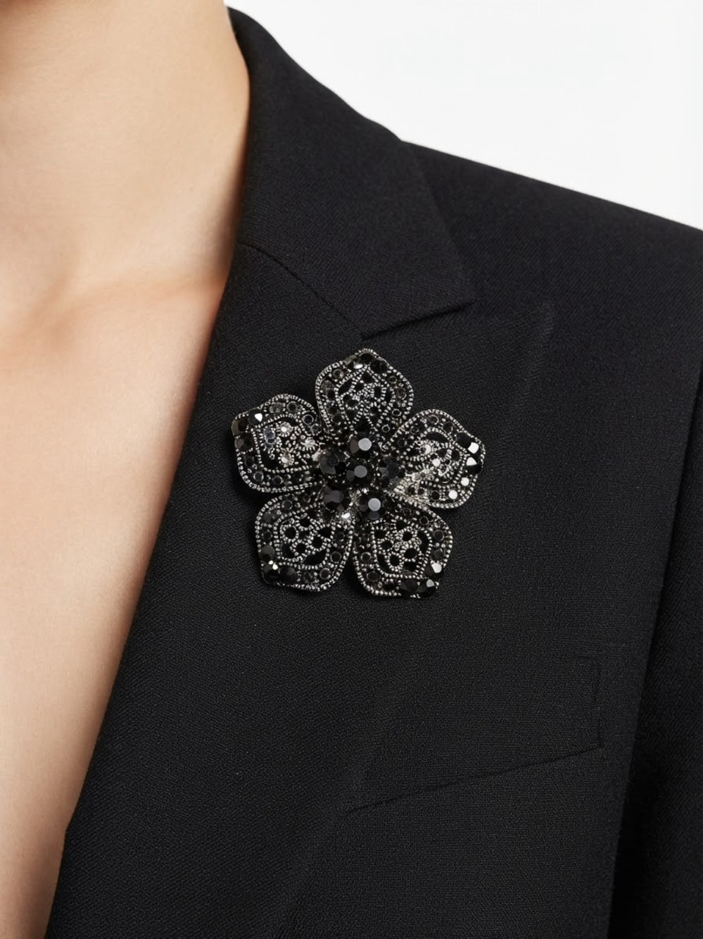 Black Floral Crystal Marcasite Brooch - Elegant Women's Jewelry